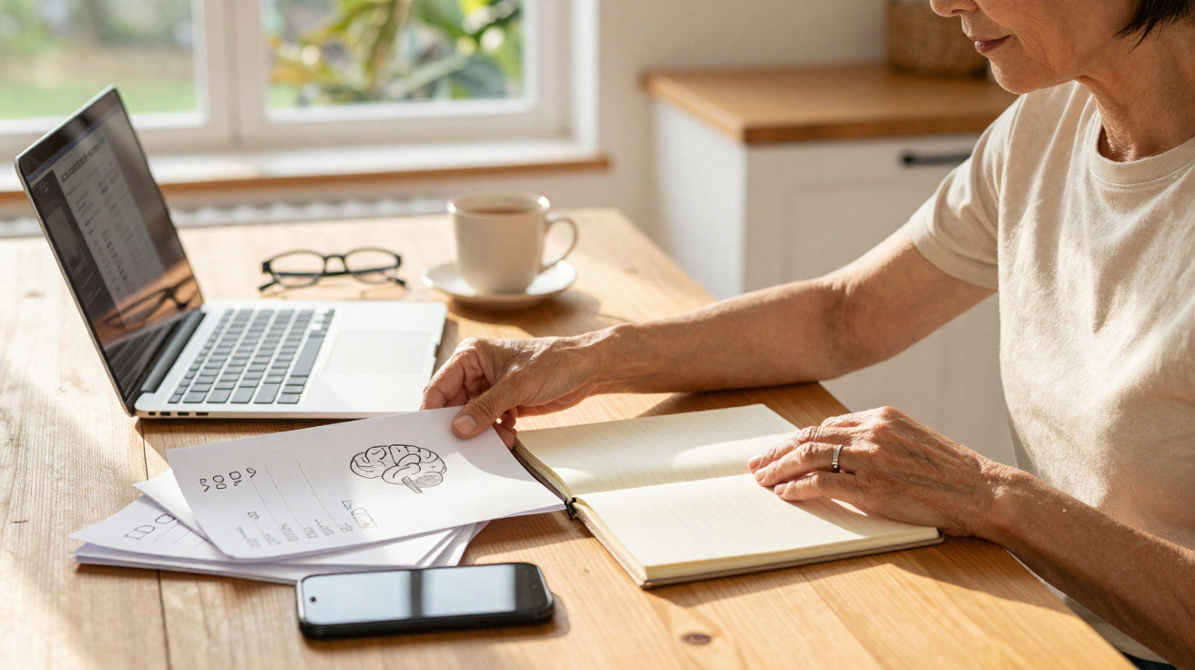 Person sitting at a wooden table reviewing brain diagram papers with laptop, smartphone, and notebook nearby.