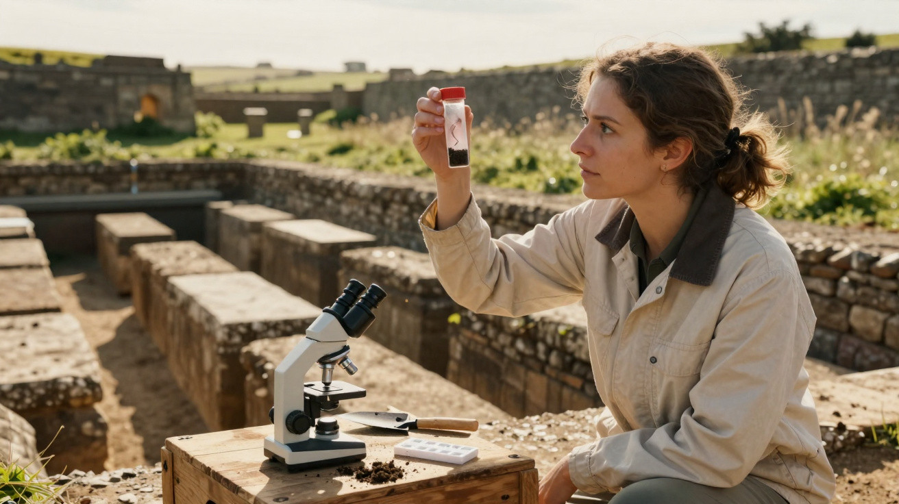Female archaeologist examining a soil sample at an outdoor excavation site with a microscope and tools nearby.