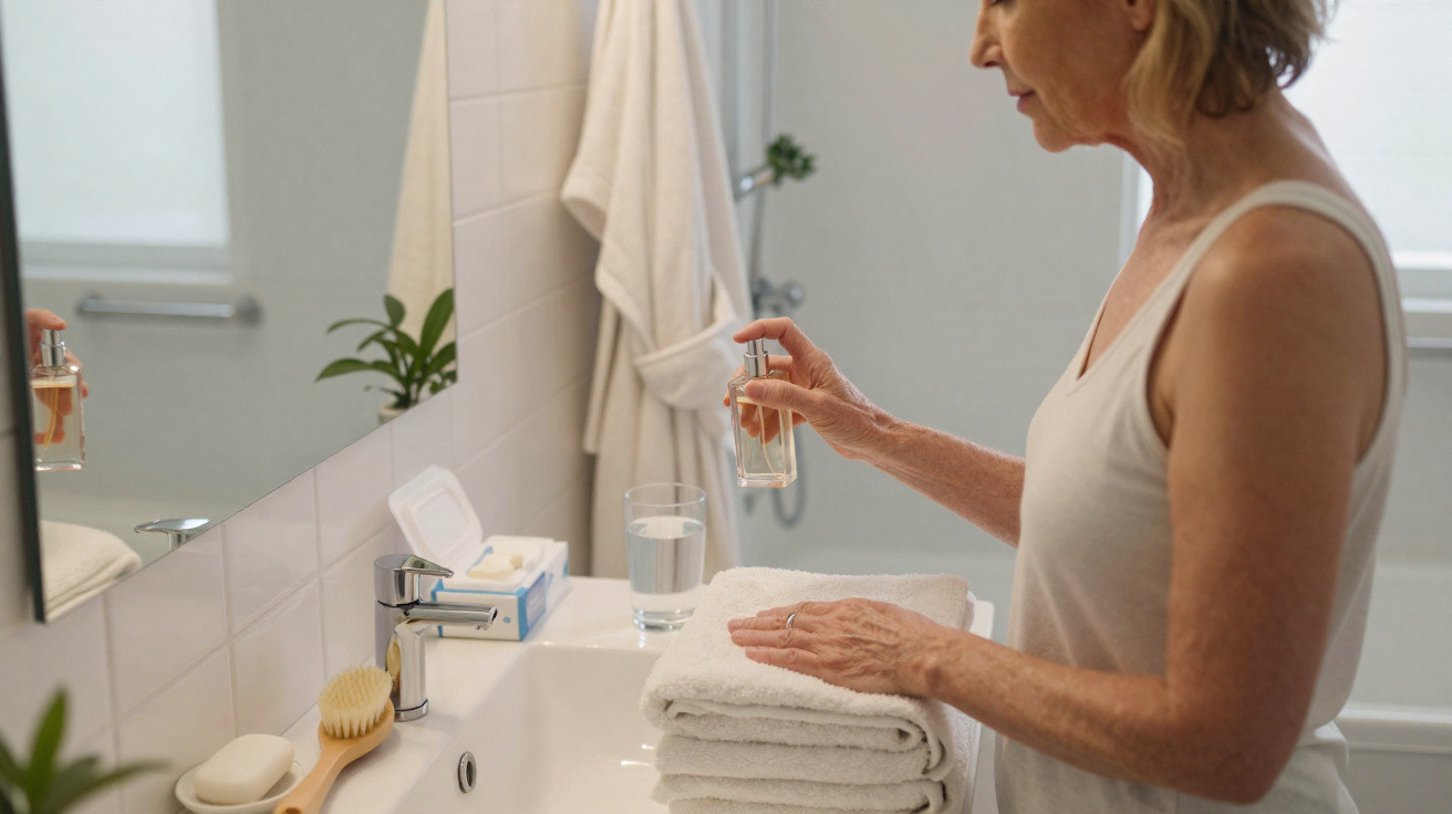 Older woman holding perfume bottle beside folded towels in a bathroom with sink and mirror.
