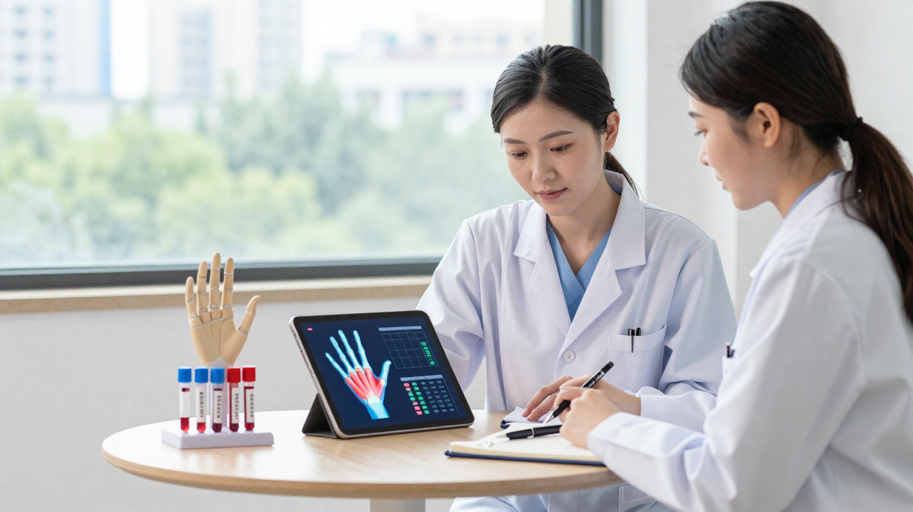 Two female doctors analysing hand X-ray displayed on tablet and taking notes at round table indoors