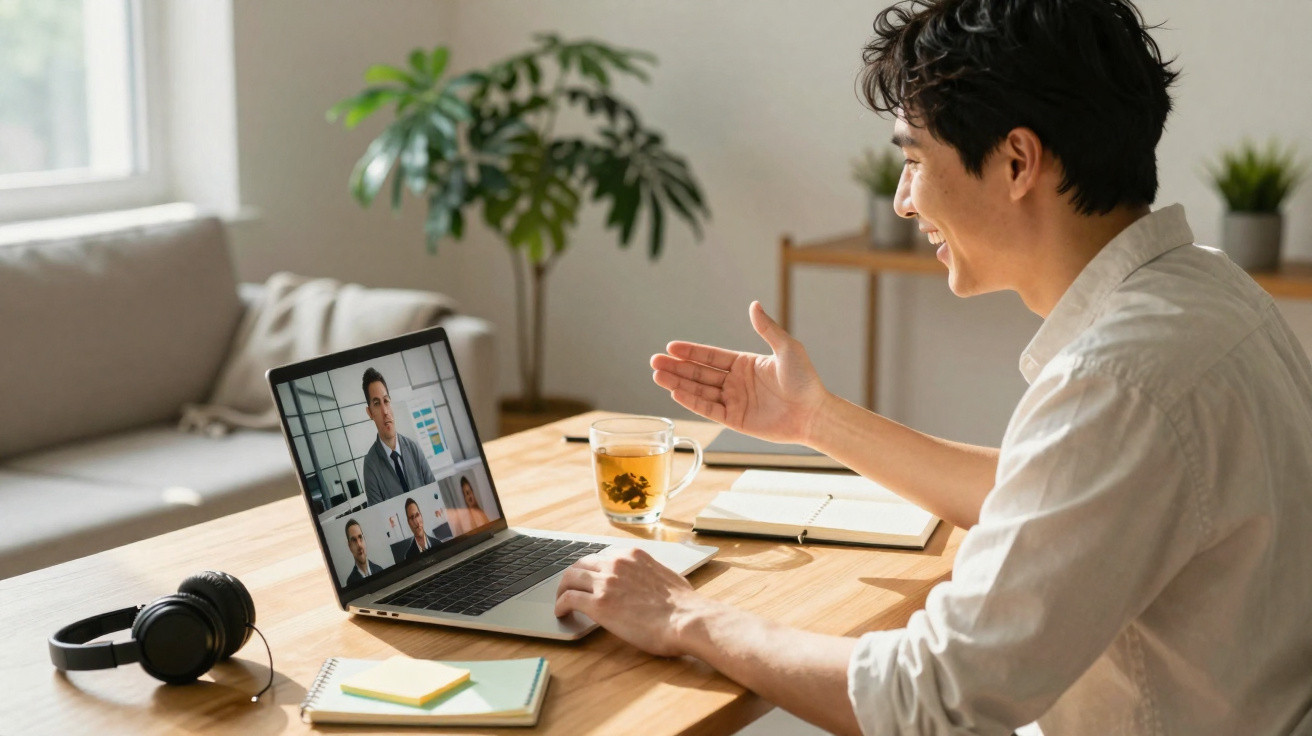Person smiling and gesturing during a video call on a laptop at a wooden desk with notes and tea.
