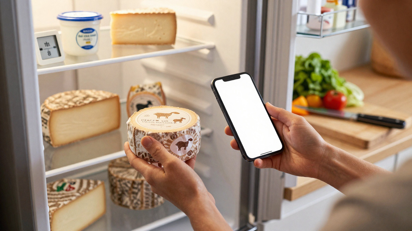 Person holding a round cheese and a smartphone with a blank screen in front of an open fridge containing various cheeses.