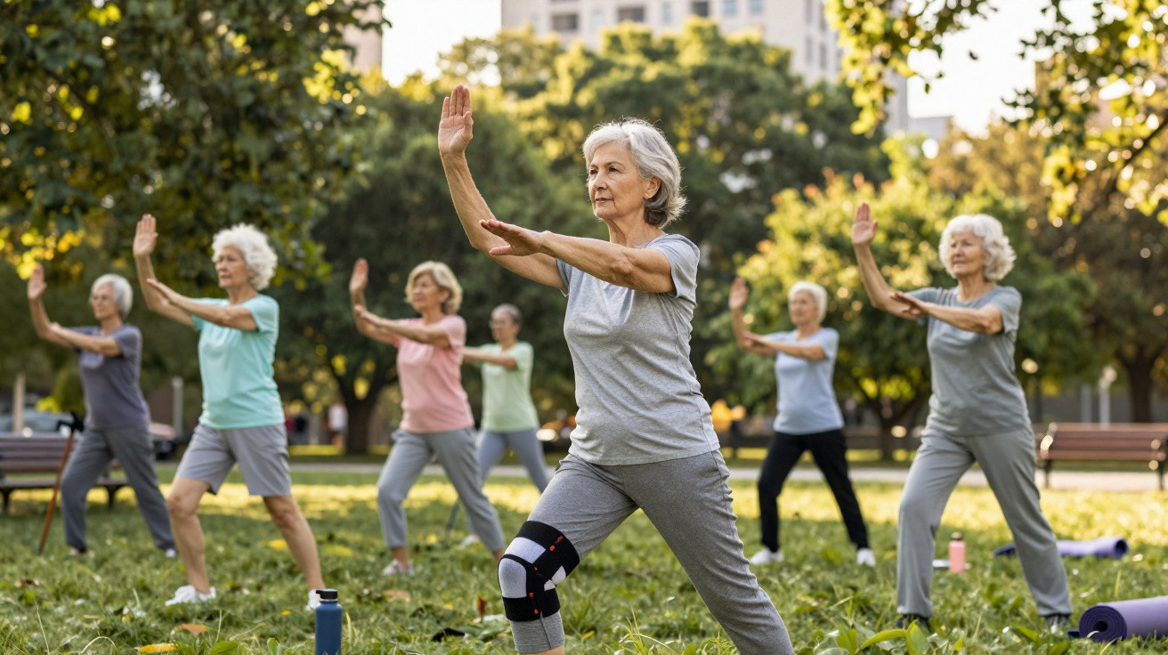 Group of elderly women practising tai chi outdoors in a park on a sunny day.