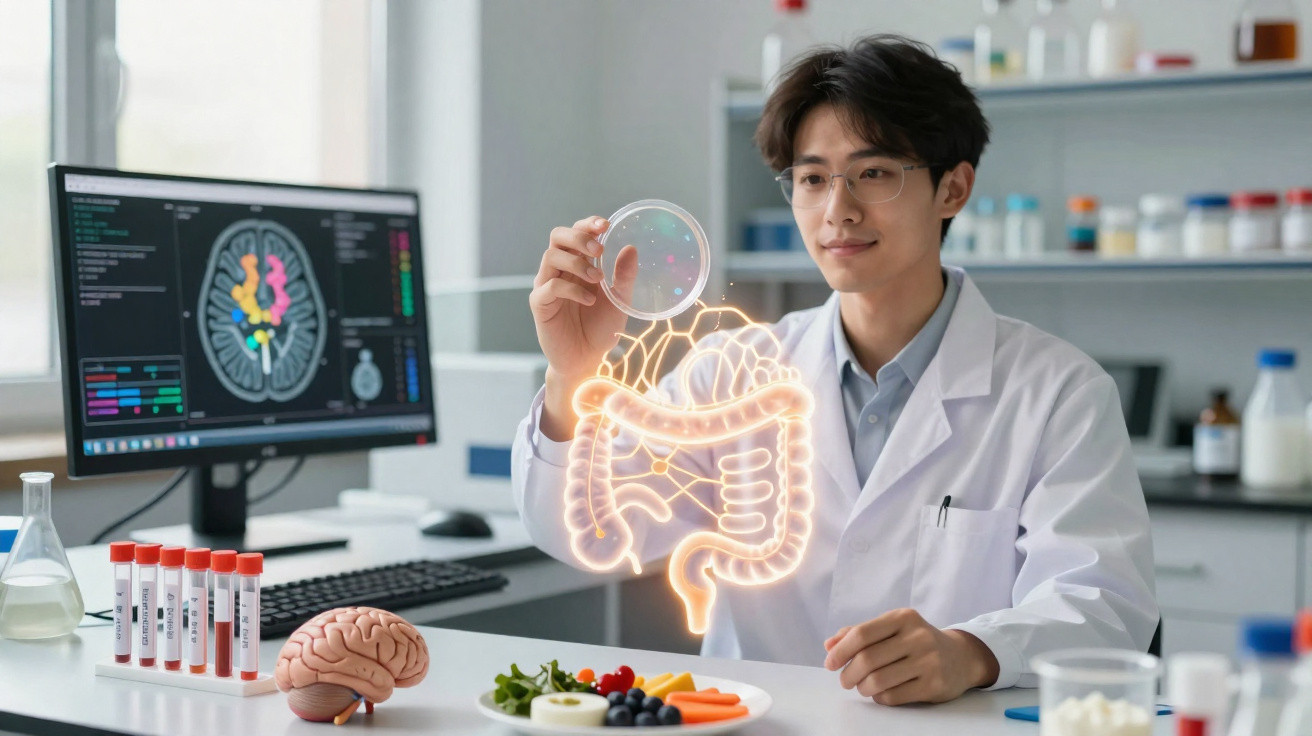 Scientist in lab coat examining petri dish with digital intestine hologram and brain model on desk.