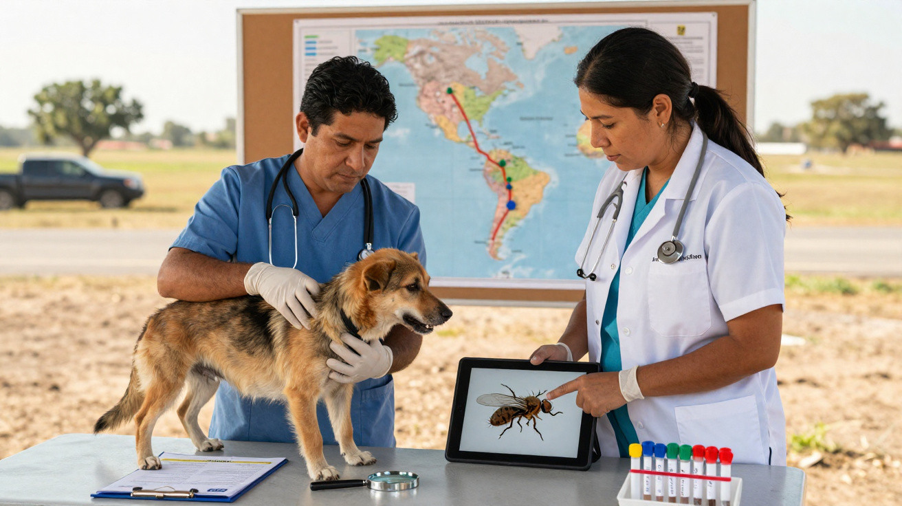 Two veterinarians examine a dog while discussing a bee image on a tablet against a map background.