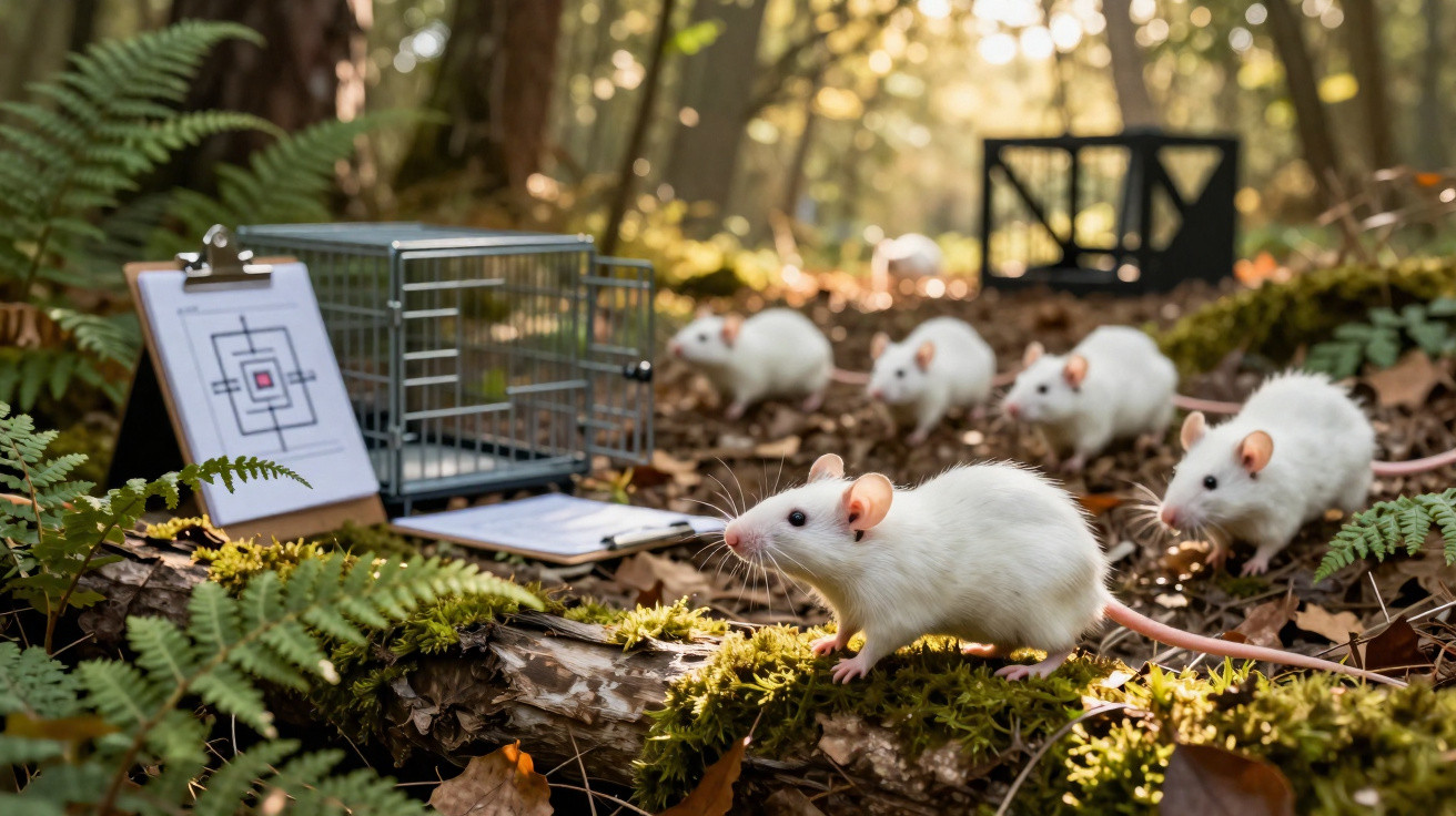 White laboratory mice exploring a forest floor near a small animal trap and clipboard with a target chart.