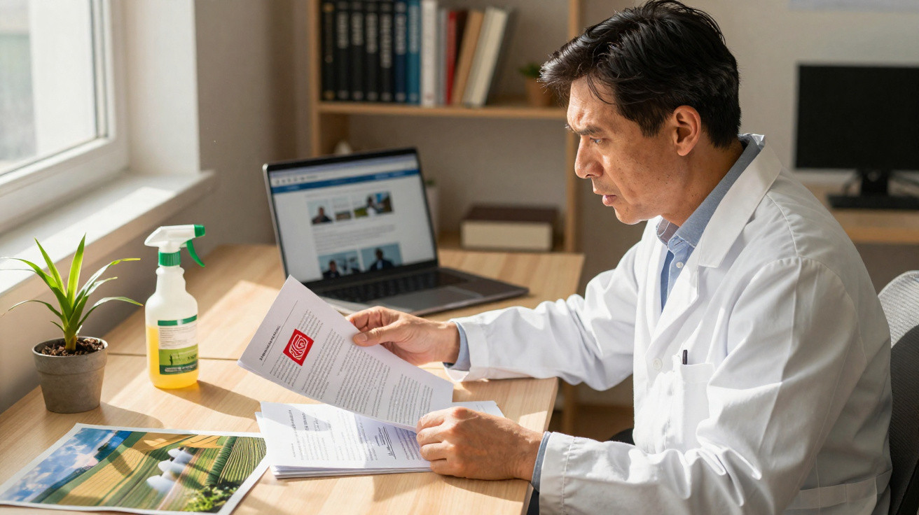 Man in a white coat reading documents at a desk with a laptop, plant, and spray bottle by a window.
