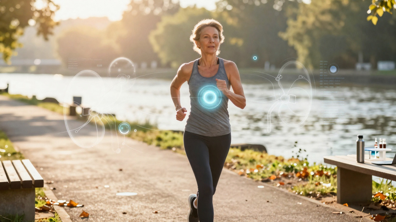 Older woman running by the river on a sunny day with health and fitness graphic overlays.