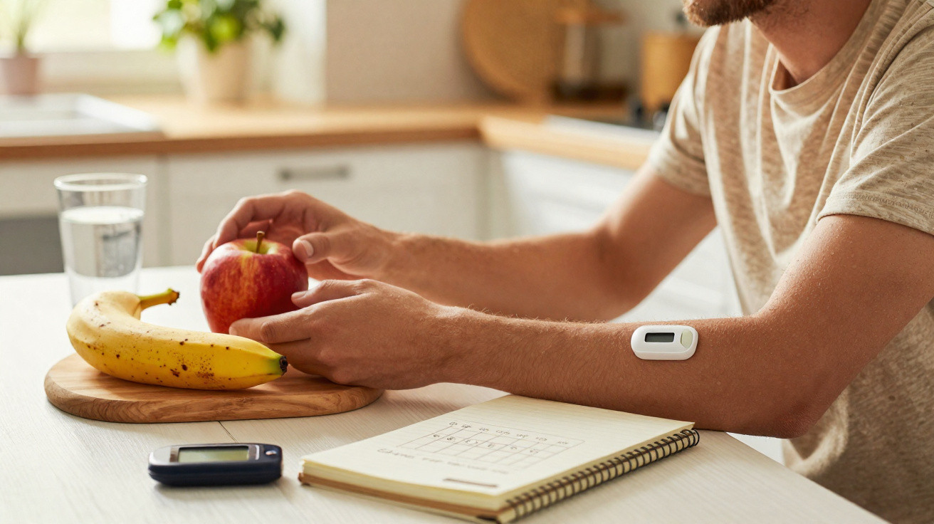 Person with glucose monitor on arm holding an apple near a banana, notebook, and glucose meter on a kitchen table.
