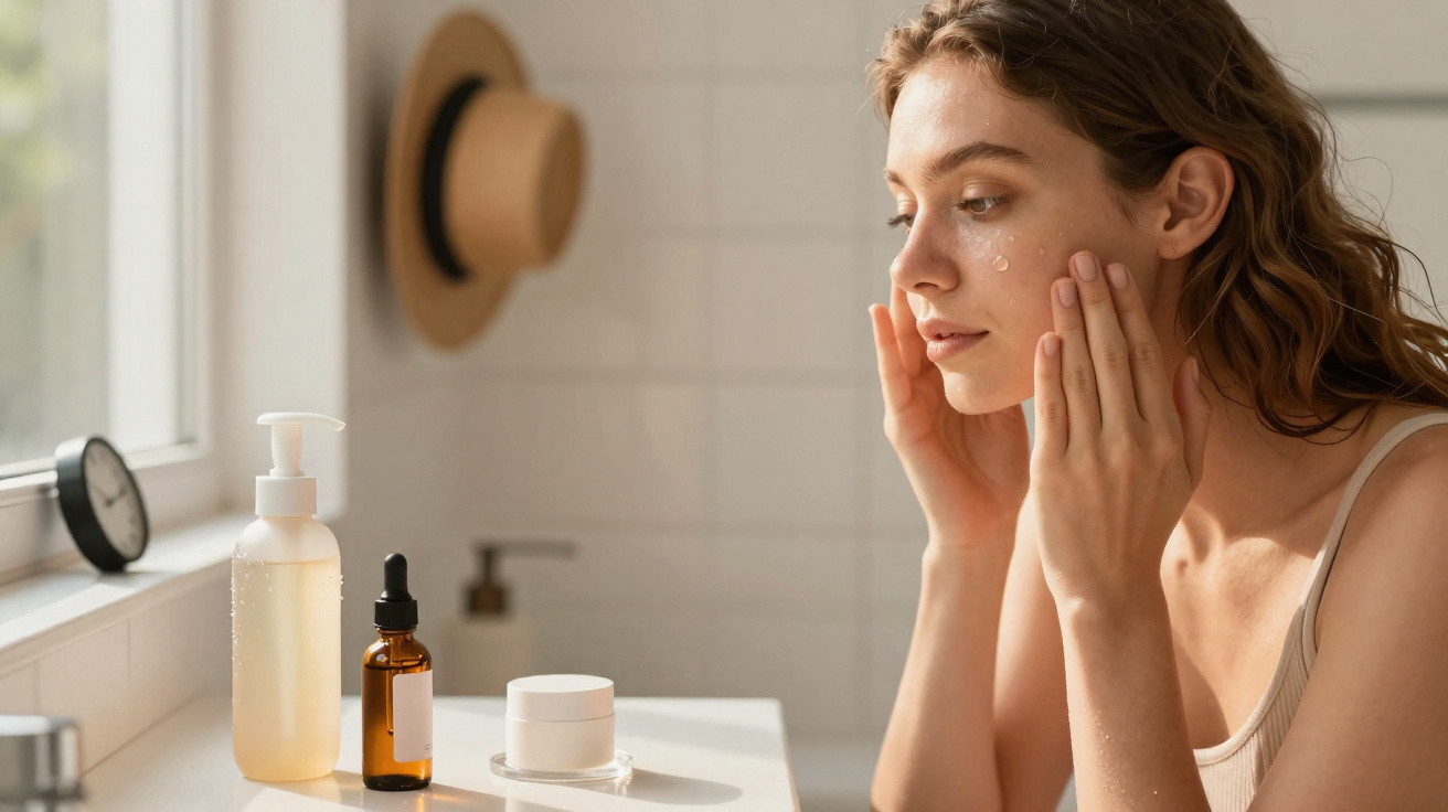 Young woman in a beige top applying skincare cream to her face in a bright bathroom with skincare products nearby.