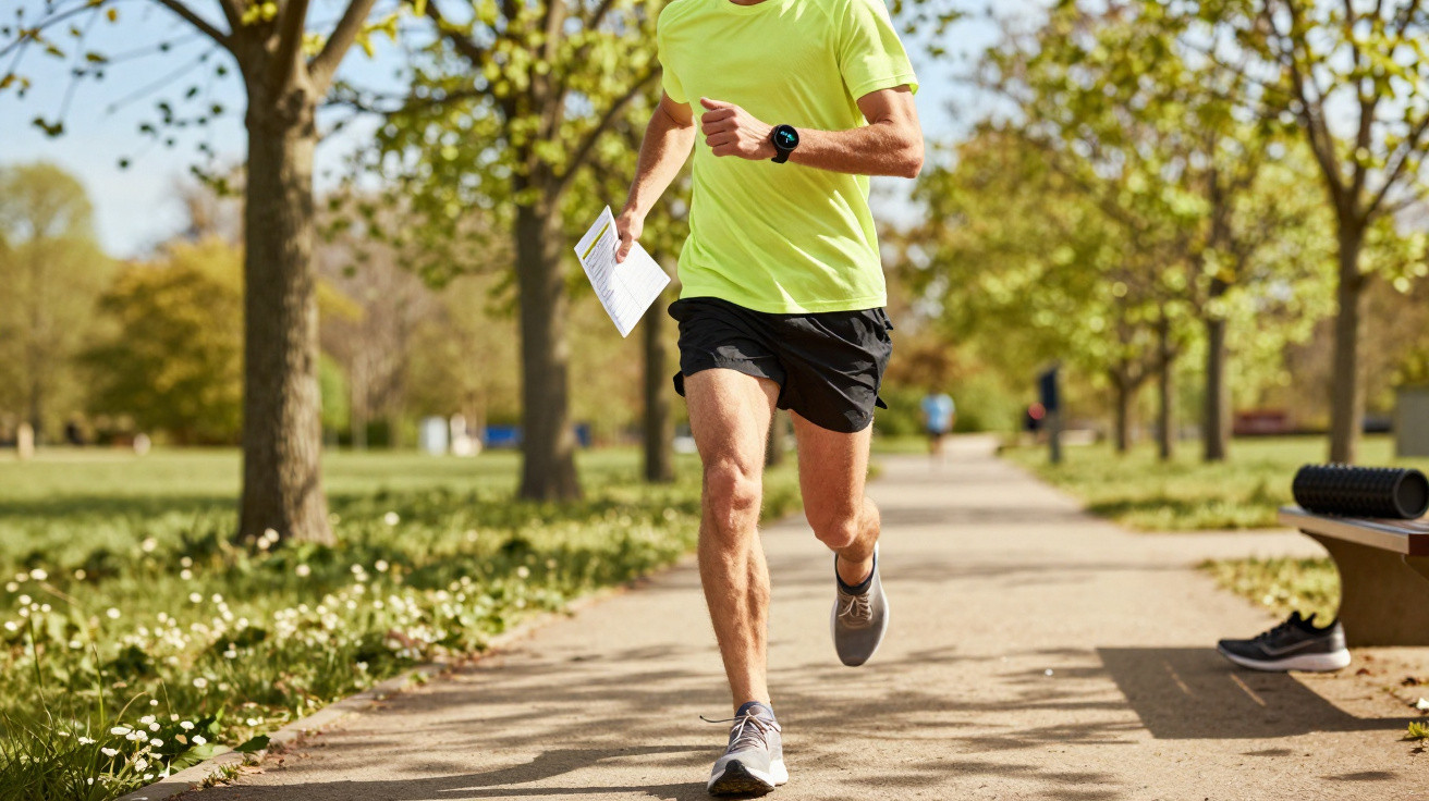 Person running on a tree-lined park path wearing bright yellow top and black shorts, holding a paper and wearing a smartwatch