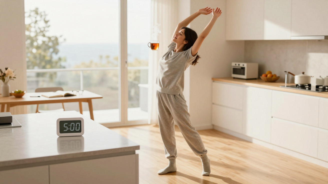 Woman in grey loungewear stretching in a bright kitchen holding a steaming cup of tea at 5:00 am.