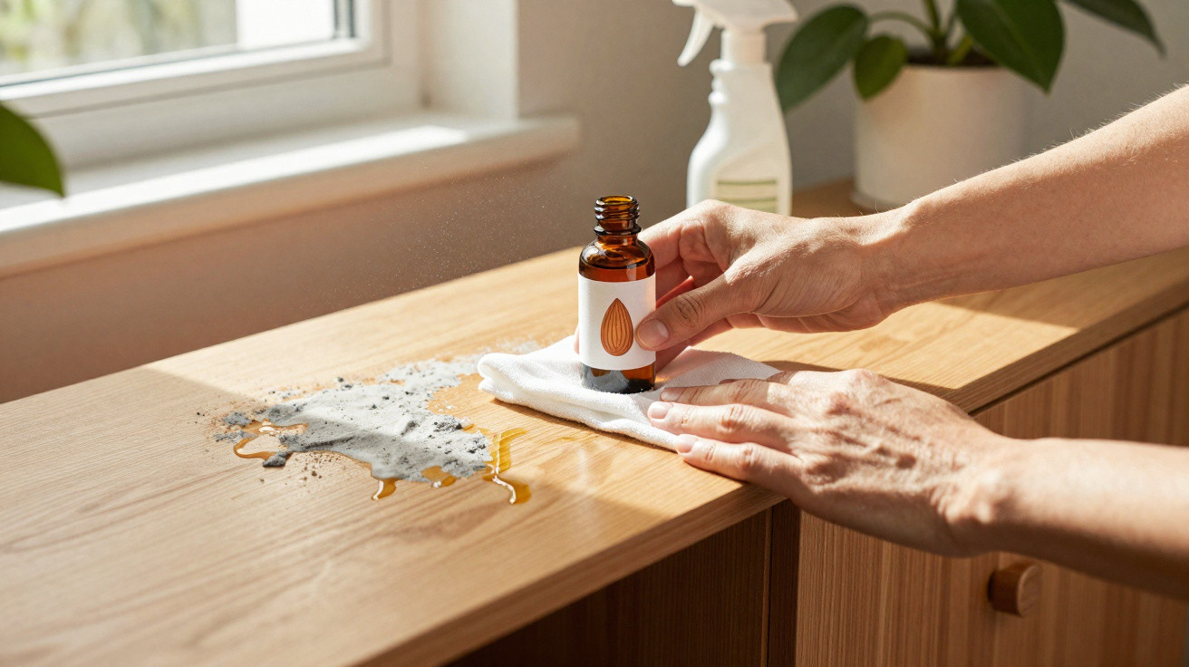 Person applying oil from a small bottle onto a cloth to clean an oily, dusty wooden surface.