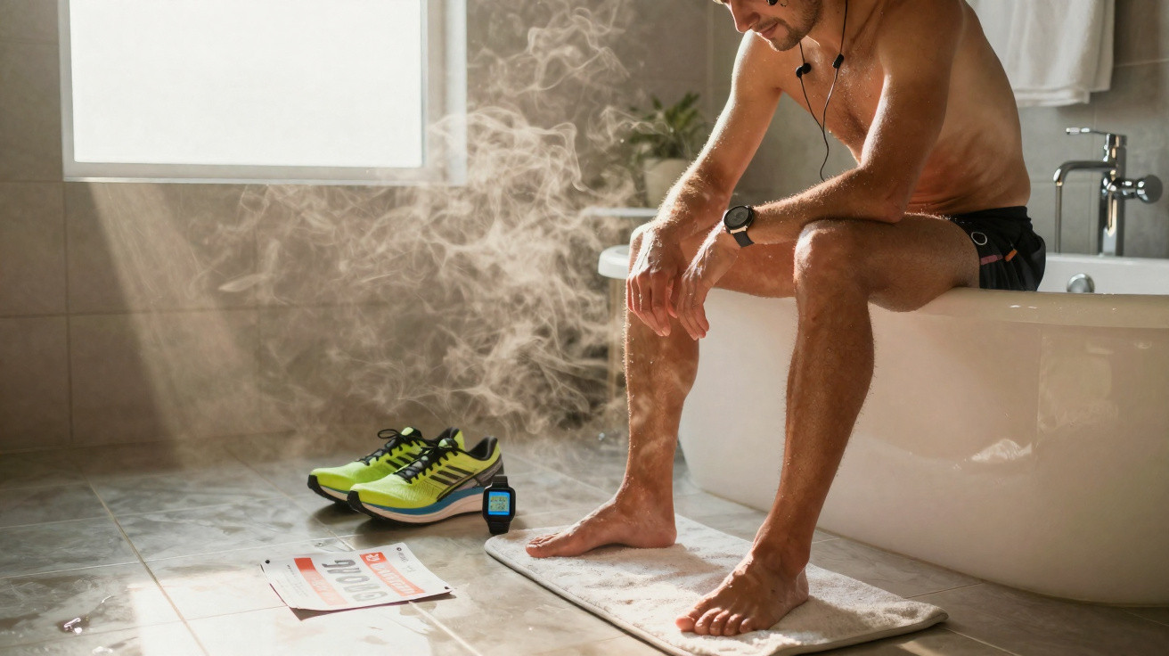 Man in sportswear sitting on bathtub edge, steaming bathroom, running shoes and smartwatch on floor.