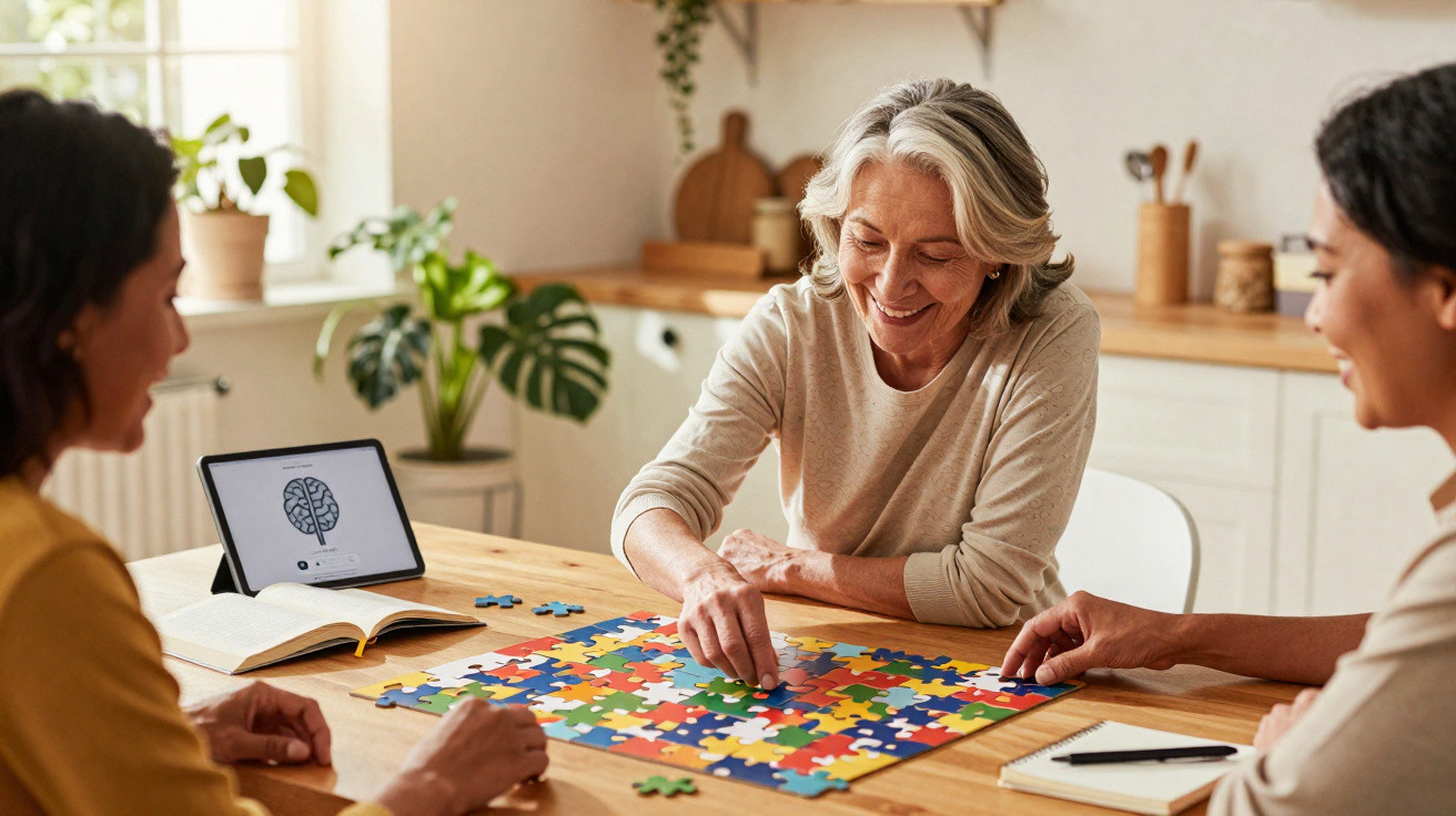Three women smiling and assembling a colourful jigsaw puzzle at a wooden table indoors.