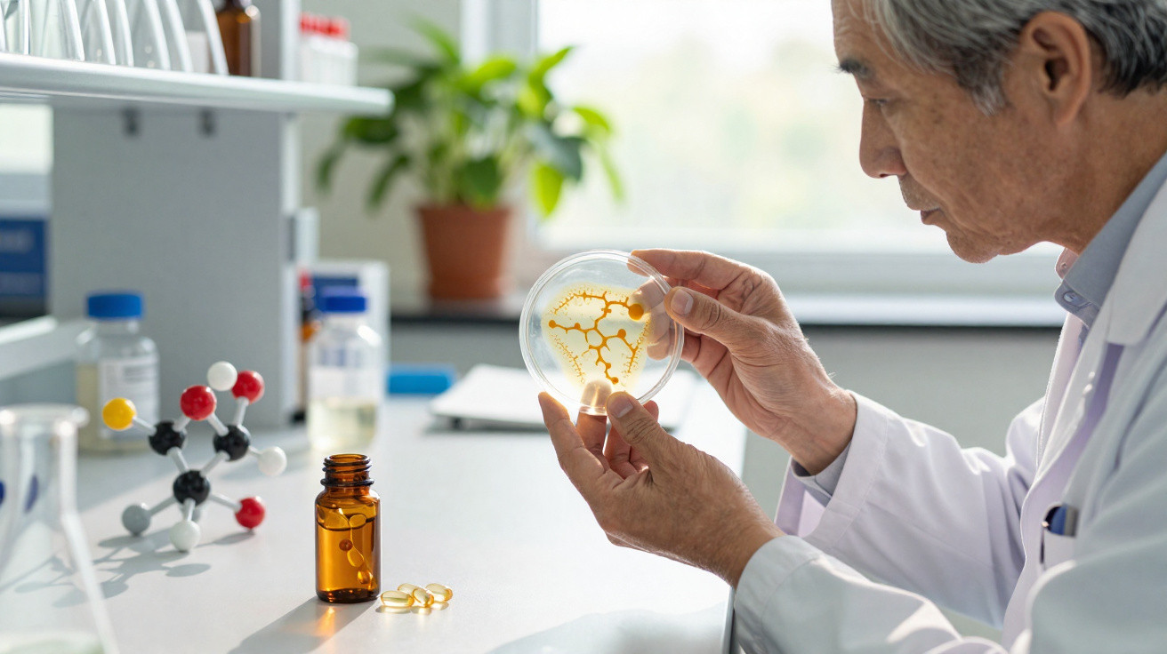Scientist examining petri dish with bacterial culture in bright laboratory setting with molecular model nearby.