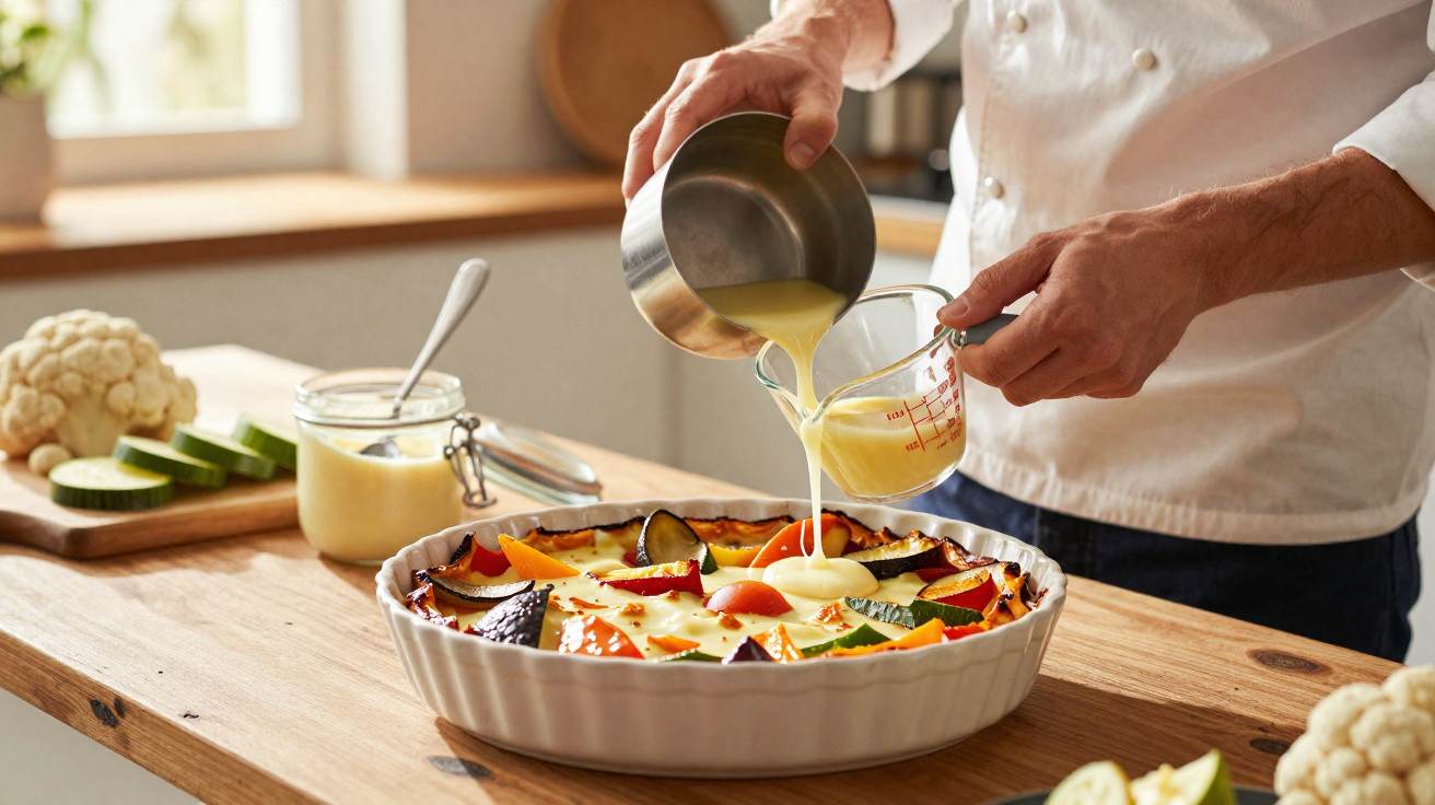Chef pouring egg mixture into a vegetable tart in a bright kitchen with fresh ingredients nearby.