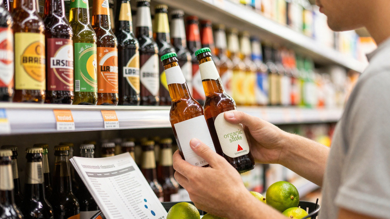 Person comparing two bottles of beer while shopping in a supermarket aisle with various drinks.
