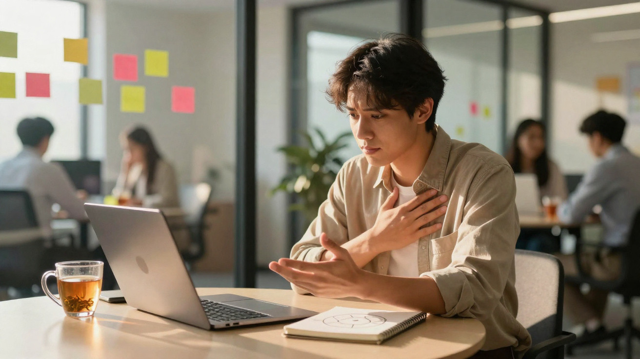 Young man having a video call on laptop in office, holding chest as if explaining something seriously.
