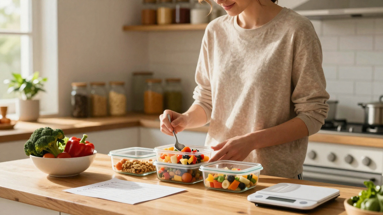 Person preparing fresh fruit salad in plastic containers on a wooden kitchen counter with vegetables nearby
