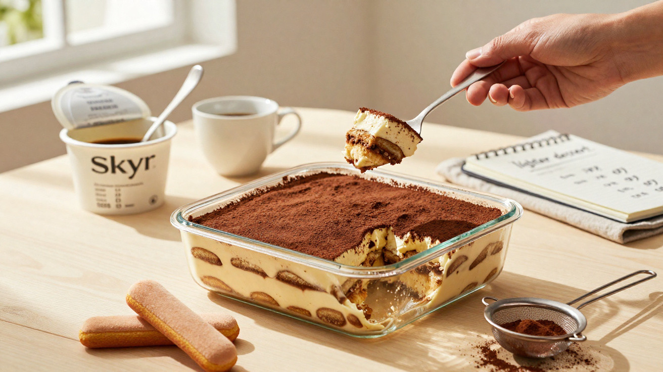 Hand holding a spoon with a scoop of tiramisu from a glass dish on a table with ladyfingers and a cup of coffee.