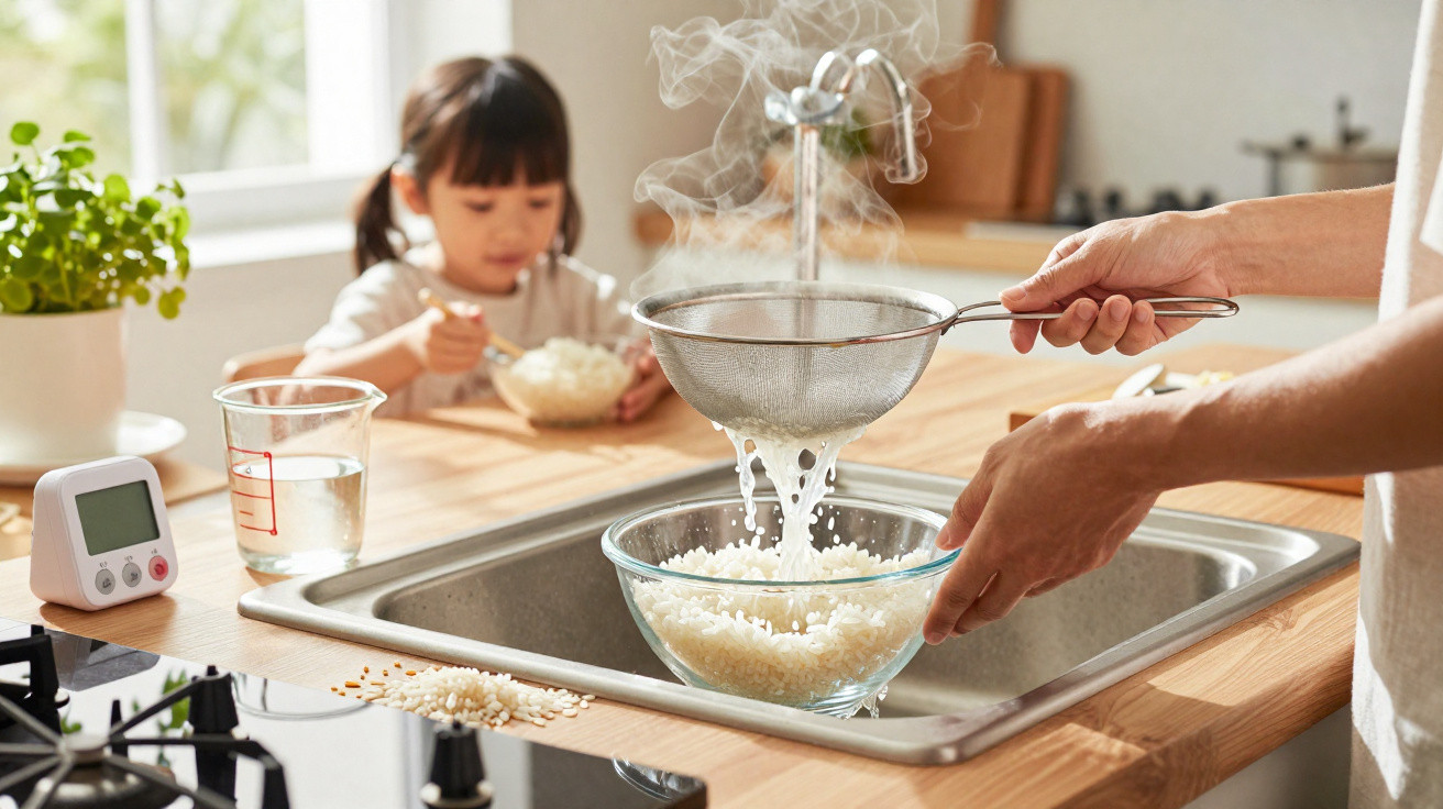 Hands draining steamed rice through a sieve into a glass bowl in a kitchen with a child eating in the background.