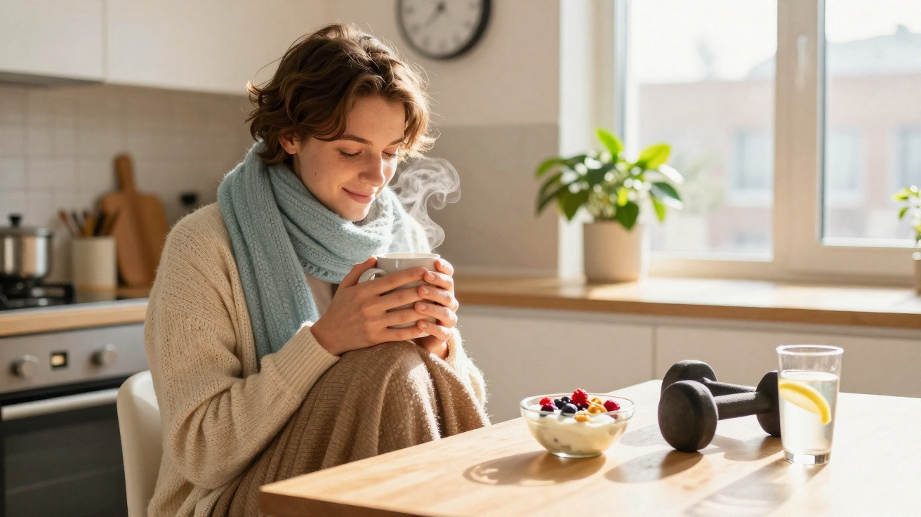 Young woman in cosy clothes enjoying a hot drink at a kitchen table with fruit yoghurt and dumbbells nearby.