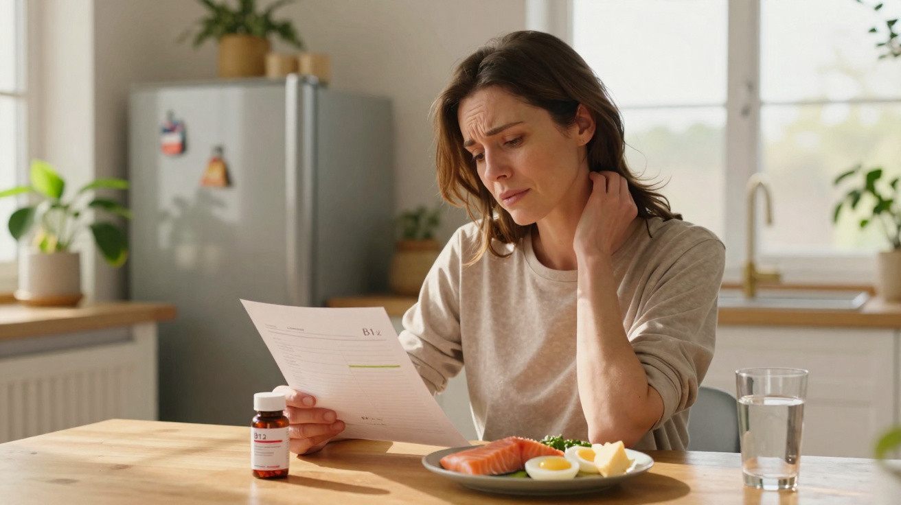 Worried woman reads a document at a kitchen table with vitamins, boiled eggs, salmon, cheese, and a glass of water.