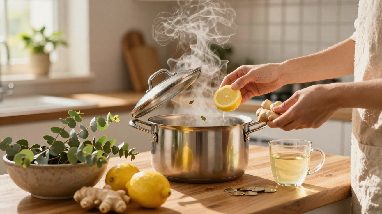 Person squeezing lemon into steaming pot with fresh ginger, lemons, and cup of tea on kitchen counter