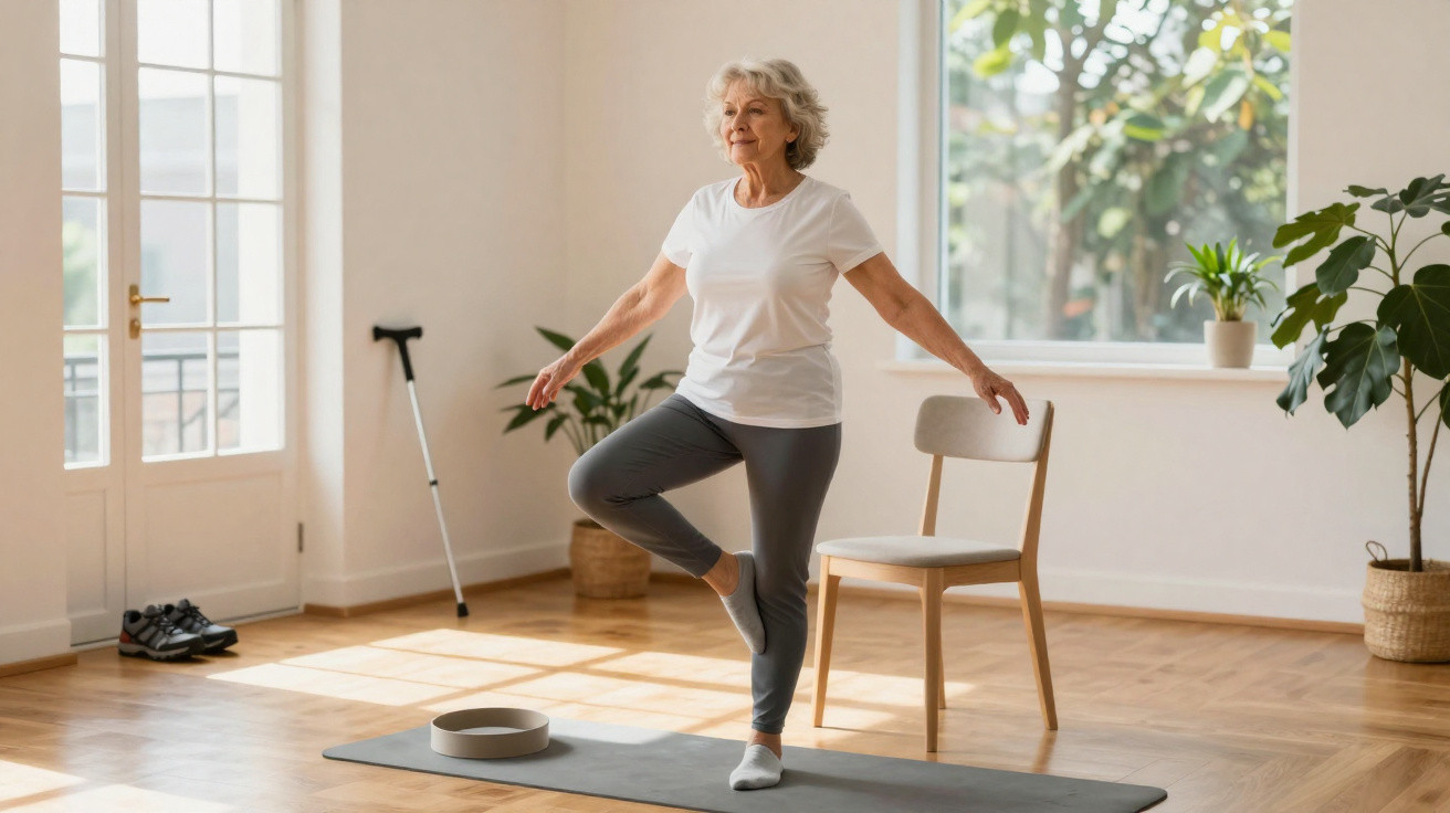 Elderly woman in white top and grey leggings balancing on one leg on a yoga mat beside a chair indoors.